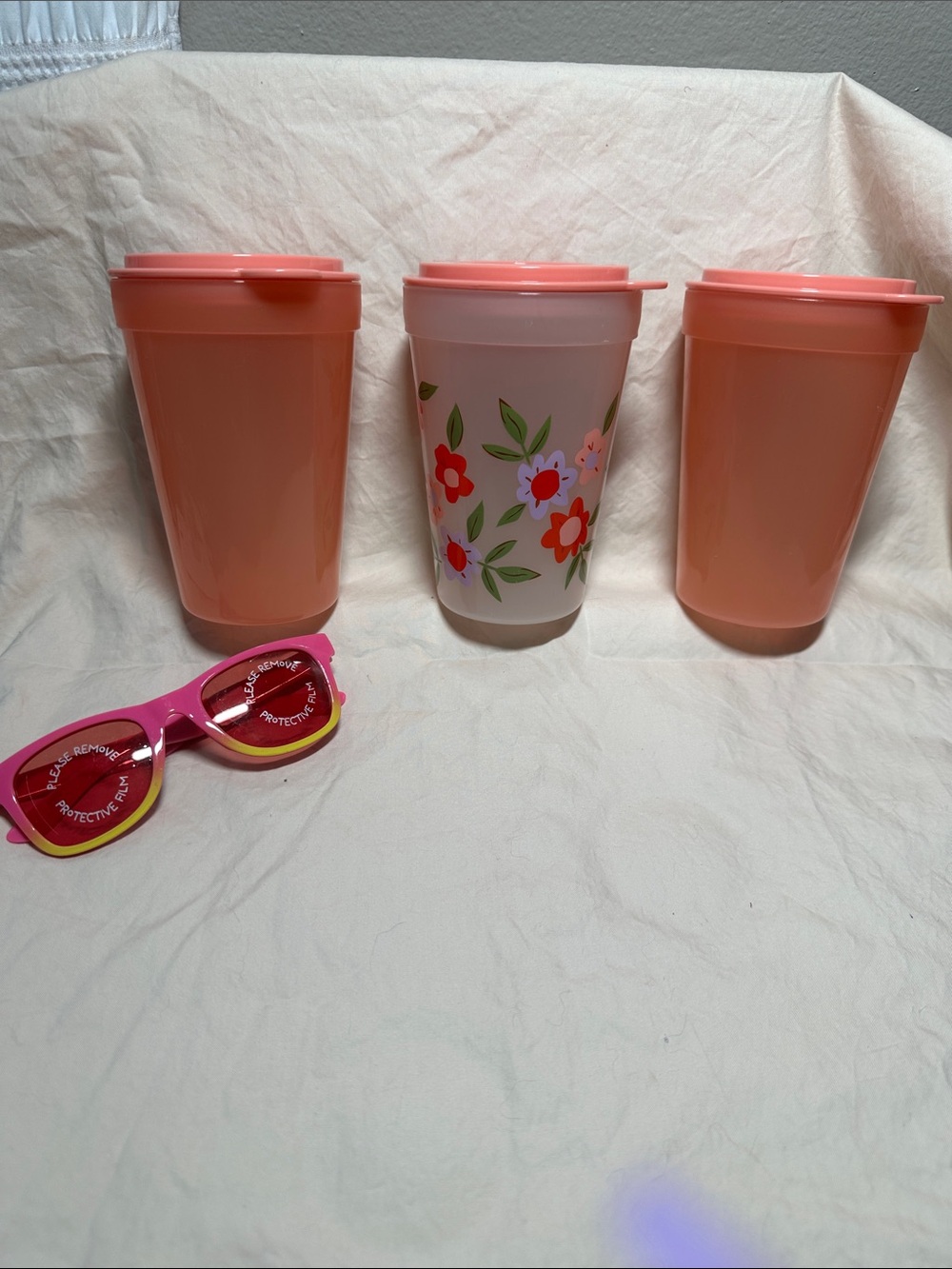 Set of 3 Reusable Coral Pink  Cups with Floral Accent - by Pillowfort New